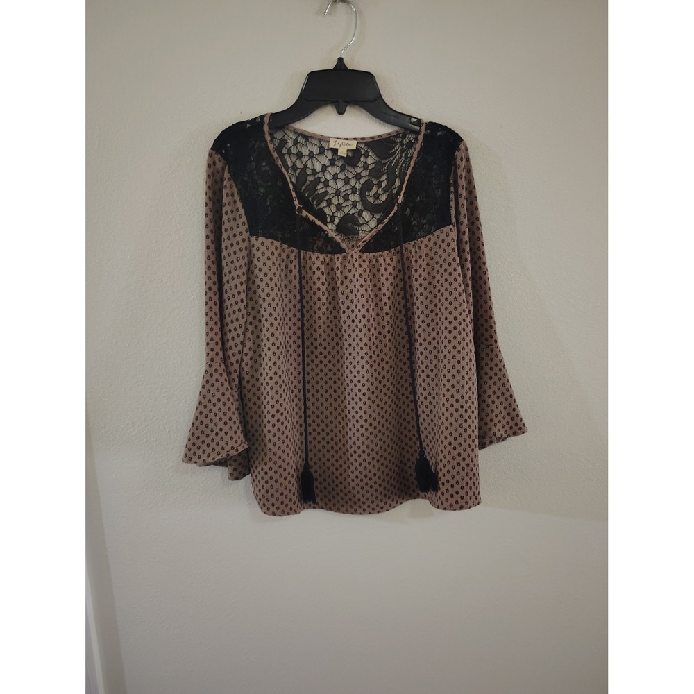Lily White Boho Lace Yoke Bell Sleeve Blouse Mauve Black Geometric Tassel Top L